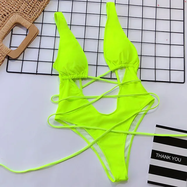 B356NeonGreen V-образный вырез обёрточная вокруг леопарда цельный купальник женский бразильский купальник женский купальный узкий бюстгальтер без бретелек для купания костюм леди монокини со шнуровкой - Цвет: B356NeonGreen