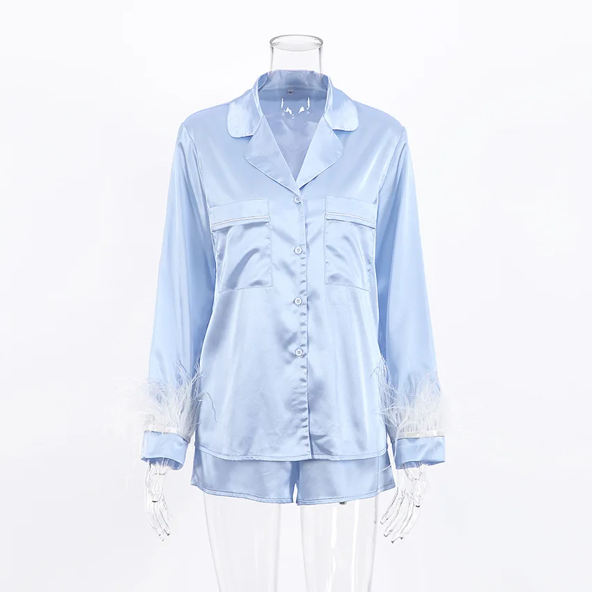 coord sets women Satin Blue long-sleeved shirt top + shorts two-piece suit casual pajamas women's home service fashion women's feather detachable sweat suits women