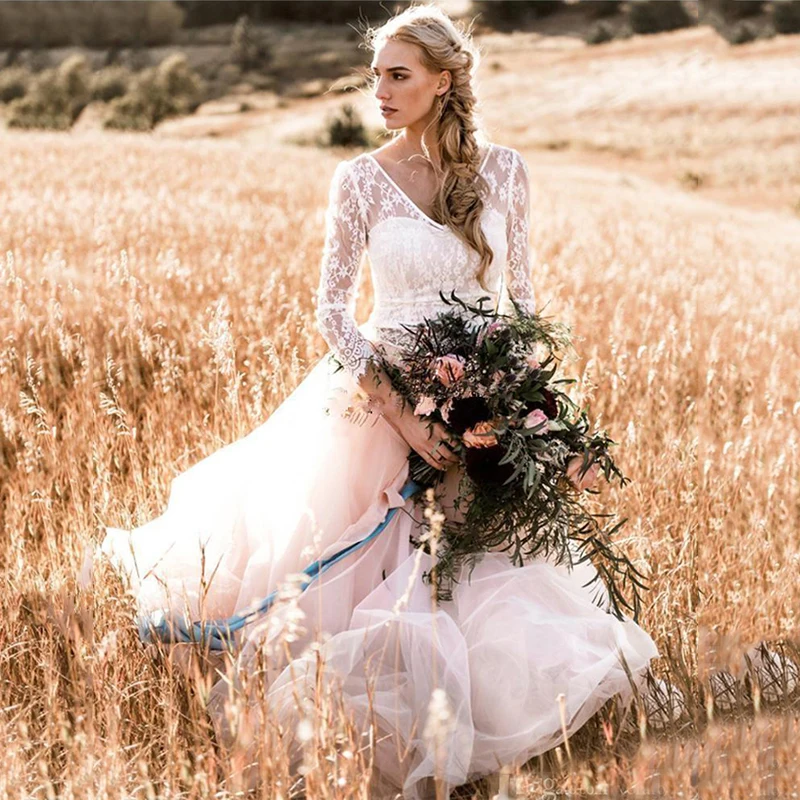 Country Wedding Dresses Long Sleeves Beach Bridal Gowns V Neck Tulle Wedding Dress For Women vestido de noiva