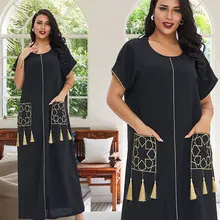 

Muslim Women Summer Dress Plus Size Loose Islamic Ethnic Robe Boutique Tassel Short Sleeve Maxi Dresses Turkey Arabic Abaya XXL