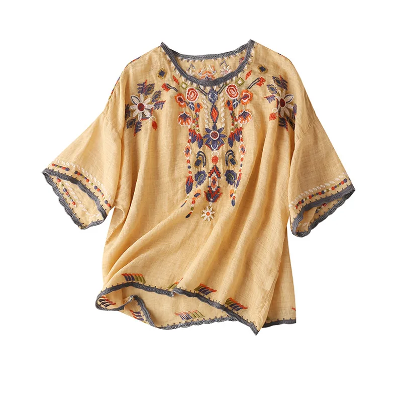 

Thin Indie Folk Linen Cotton Women Blouse and Shirts Summer Loose Embroidery Floral Top Blusas De Mujer Largos Sueltos