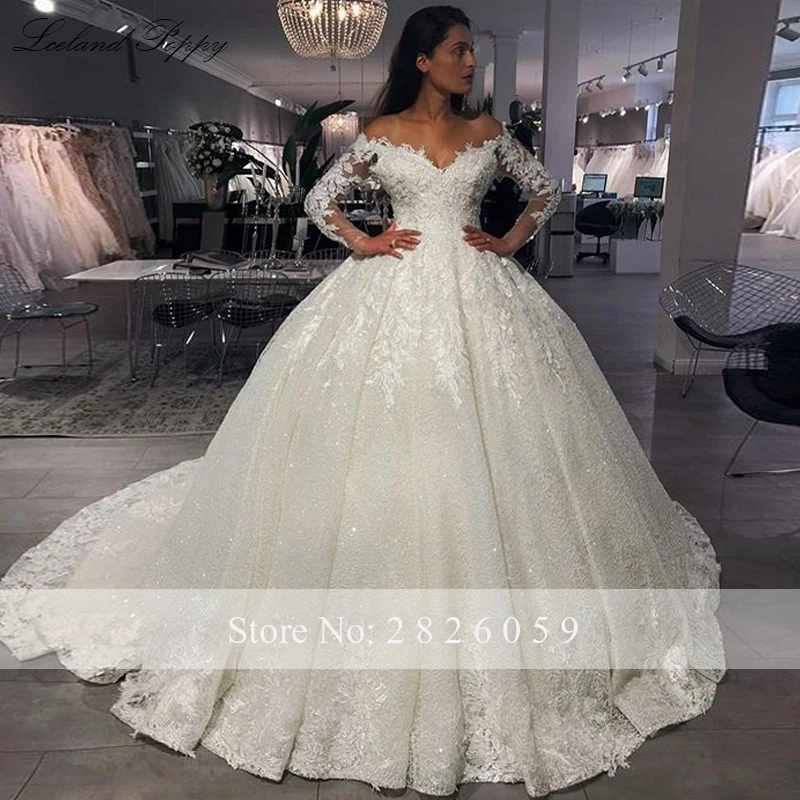 Women's Ball Gown Lace Appliques Wedding Dresses vestido de noiva Long Sleeves Floor Length Off the Shoulder Bridal Gowns