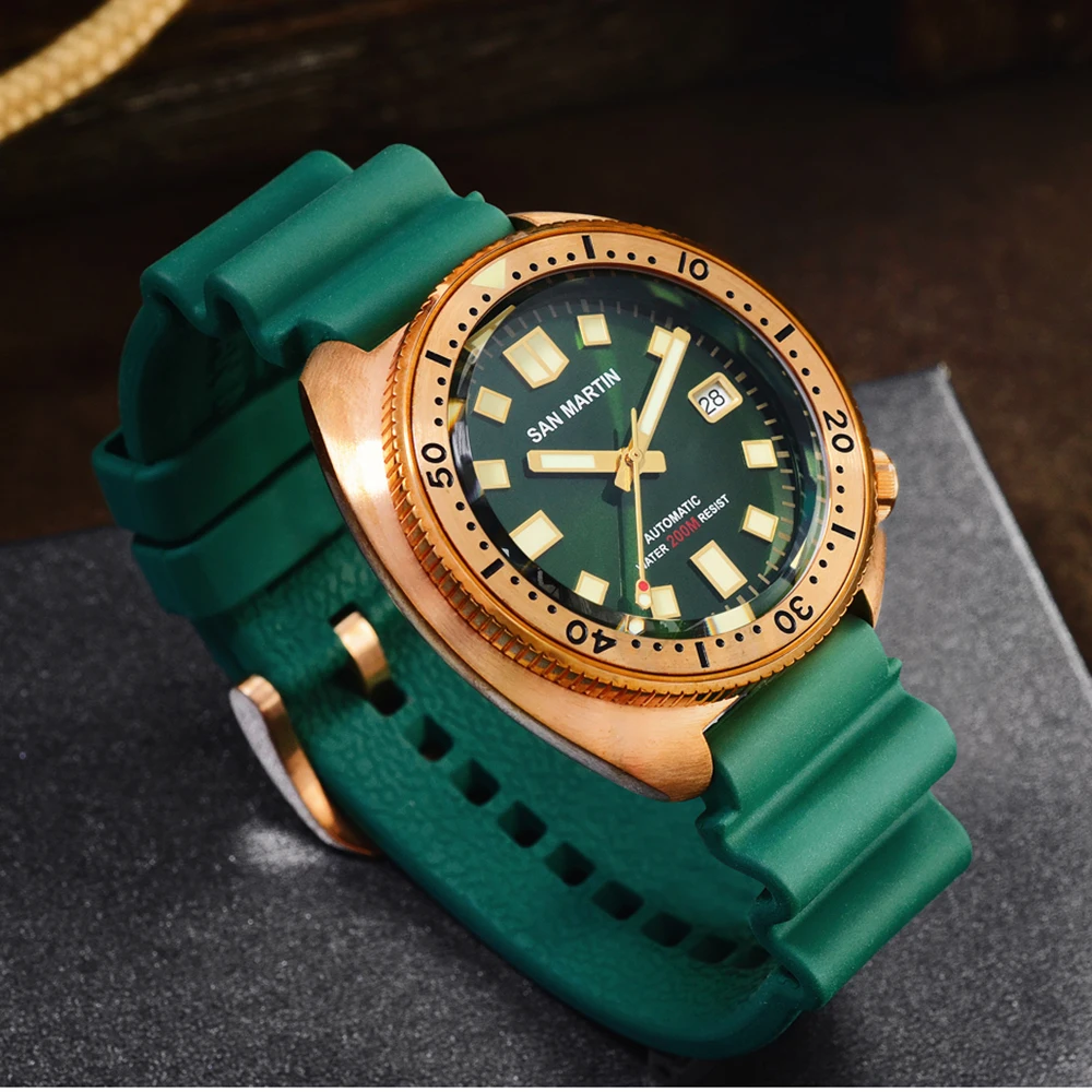 Мужские наручные часы San Martin Tuna 6105 бронзовые для дайвинверов механические