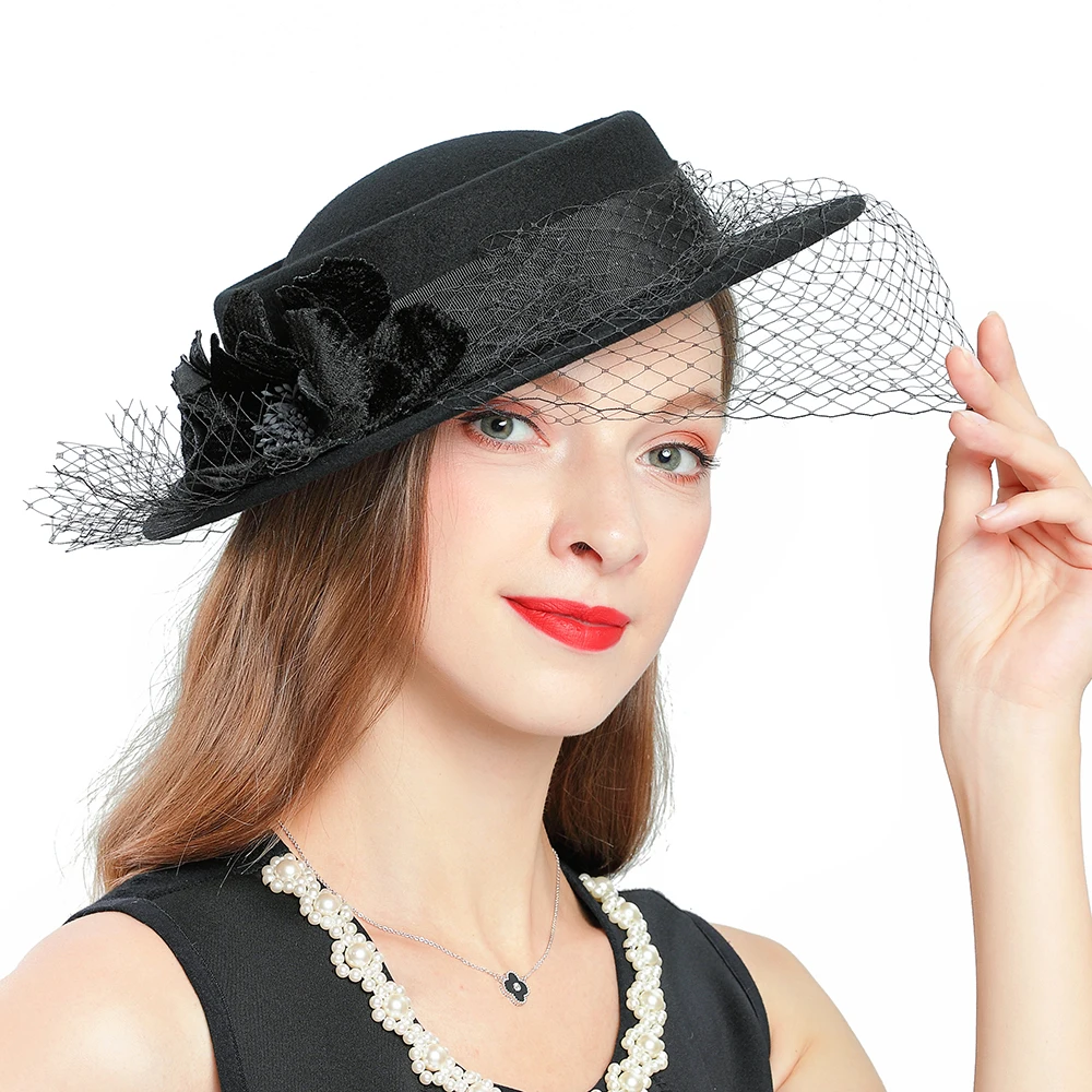 Women's Berets Hat Black Fascinators Wool Felt Hat Wedding Church Cap