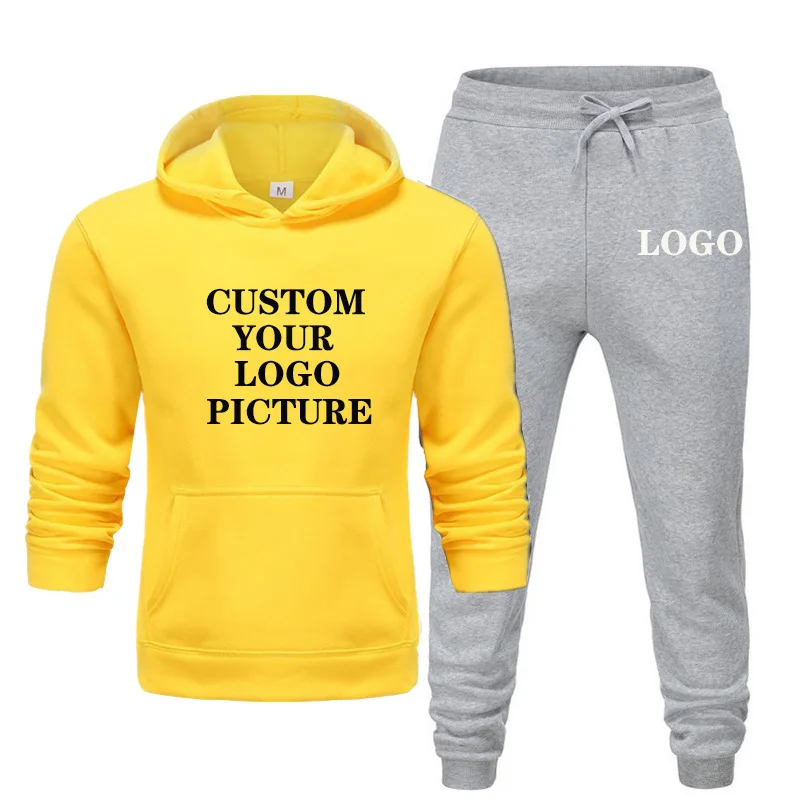 Брендовый мужской спортивный костюм на осень и зиму, спортивная одежда для пробежек, модные толстовки с принтом и штаны, комплект с индивидуальным логотипом - Цвет: yellow2