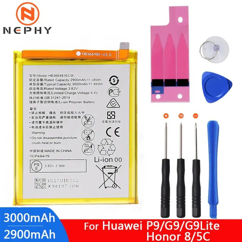 

Original HB366481ECW Mobile Phone Battery For Huawei P9 G9 Lite Honor 8 5C Replace Recharge Accumulator Internal Bateria Tools