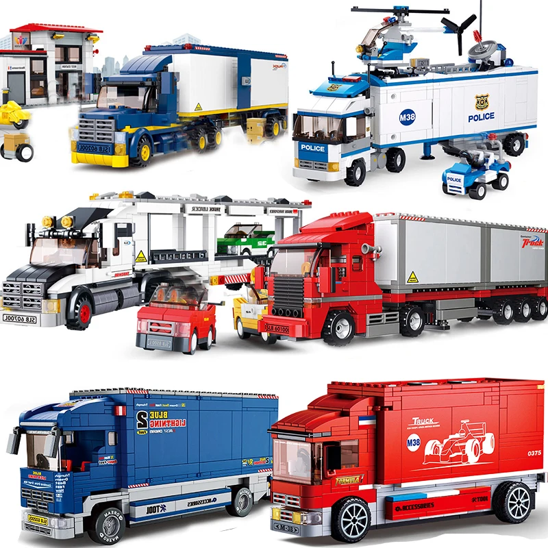 

Vehicle Car Container Truck Trailer Wagon Van Lorry Police Legoed Assembling Building Blocks Kit DIY Education Christmas Gifts