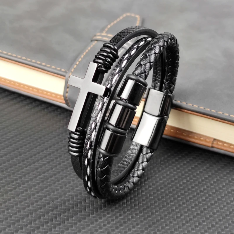 Custom Engraved Family Name Beads Cross Bracelets Black Braided Leather Stainless Steel Bracelets for Men Fathers bracelet jewelry