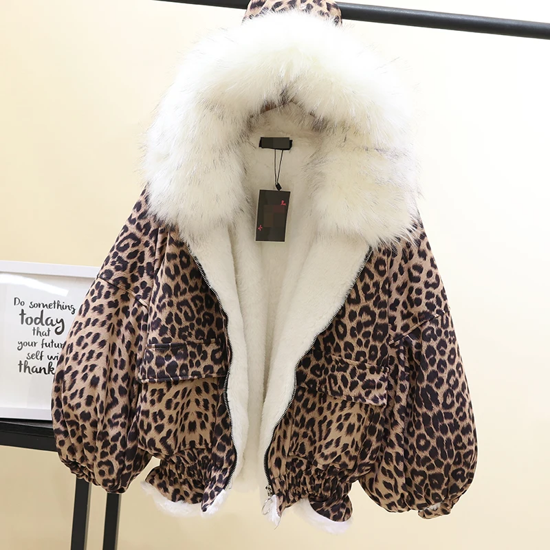 

2019 Winter New Big Hairy Collar Hooded Cotton-padded Jacket Women Plus Velvet Thick Leopard Print Cotton Coat Woman Warm Coats