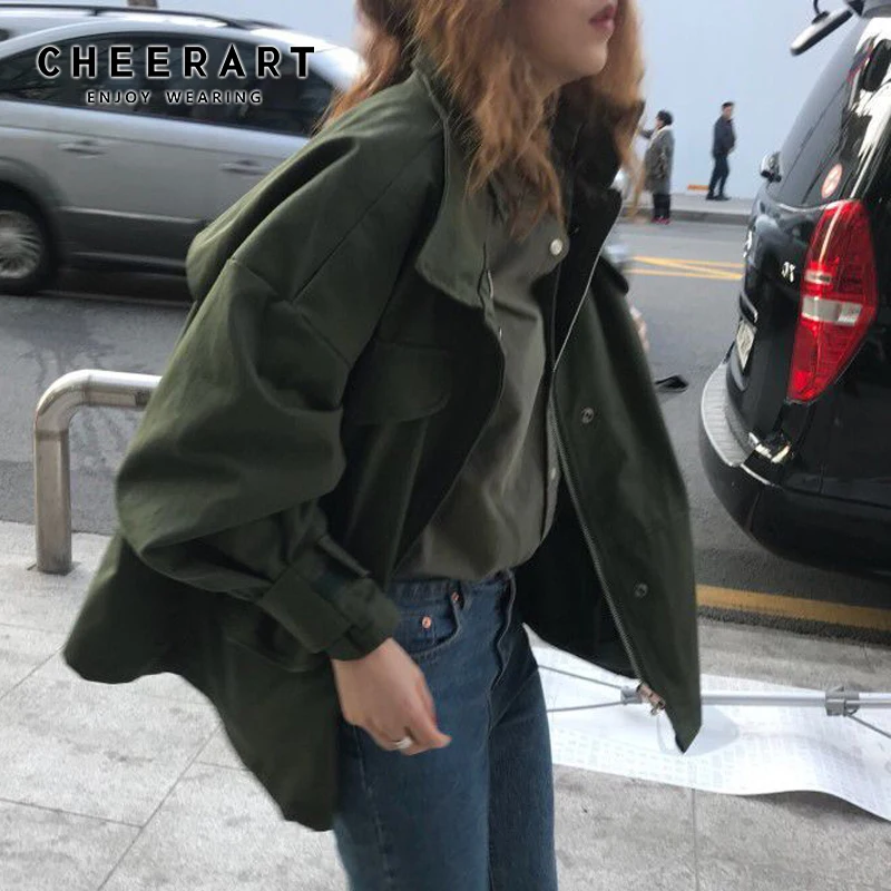  CHEERART Green Military Jacket Women Stand Collar Loose Drawstring Jackets Coats Autumn Army Fall J
