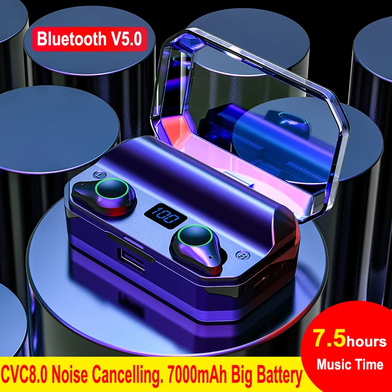 Online TWS T9 IPX7 Impermeabile Bluetooth 5.0 Auricolari Binaurale Vero Auricolari Senza Fili 7000mAh Con Cancellazione del Rumore Cuffie 7h Gioco di Musica