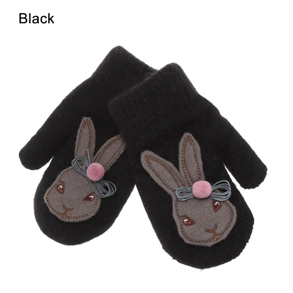 Детские зимние перчатки из кролика с героями мультфильмов, детские модные толстые теплые перчатки для девочек, милые шерстяные варежки из кроличьей шерсти - Цвет: black
