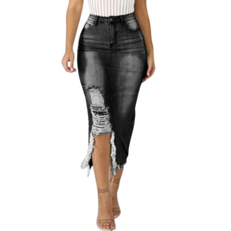 Женская высокая талия рваные джинсовые юбки Новая женская сексуальная облегающая юбка-карандаш миди юбка джинсовая Сплит стандартная юбка