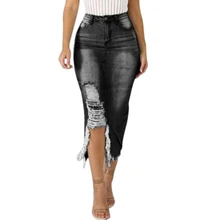 Женская высокая талия рваные джинсовые юбки Новая женская сексуальная облегающая юбка-карандаш миди юбка джинсовая Сплит стандартная юбка