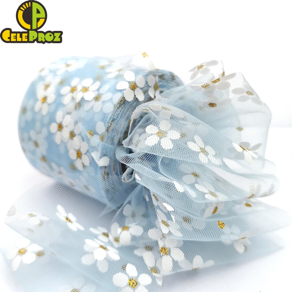 Ribbon Supplies 6cm 25Yards Floret Tulle Daisy Ribbon Roll DIY Handmade Craft Hair Ornament Baking Cherry Blossoms Printed Mesh Fabric Supplies