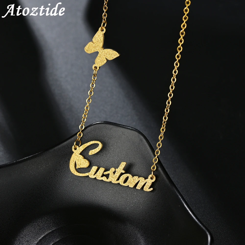 Atoztide New Customized Stainless Steel Frosted Name Necklace Personalized Letter Summer Butterfly Choker Pendant Nameplate Gift
