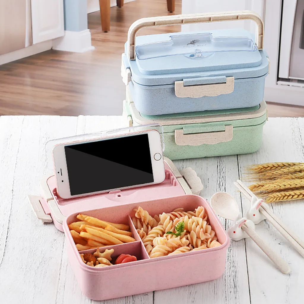 Lunch Box Reusable 3-Compartment Plastic Divided Food Storage Container Boxes 