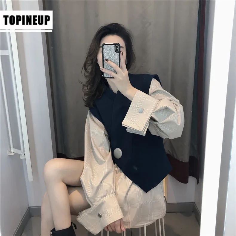 

2019 Chic Women Beige Shirt Irregular Navy Blue Vest Shirt Two Pieces Set Elegant Office Lady Loose Set Outfits Casual Tops
