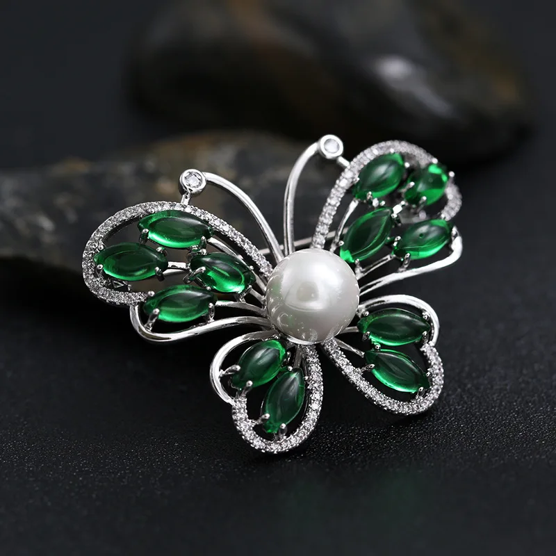 

XIHA Brooches for Women Butterfly Green Stone Cubic Zirconia Pearl Brooch Pin Men Suit Accessories Luxury Large Brooches
