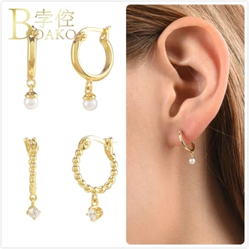 

925 Sterling Silver Earrings For Women Gold Small Zircon Hoop Earrings Girl Pearl Earrings Female Vintage Pendant Brincos K5