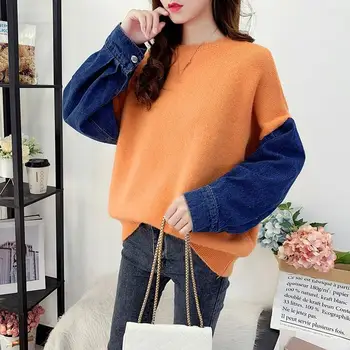 

Winter Women Patchwork Sweaters Fashion Lantern Sleeve Jumpers Casual Loose Knitted Sweaters Female Pullovers