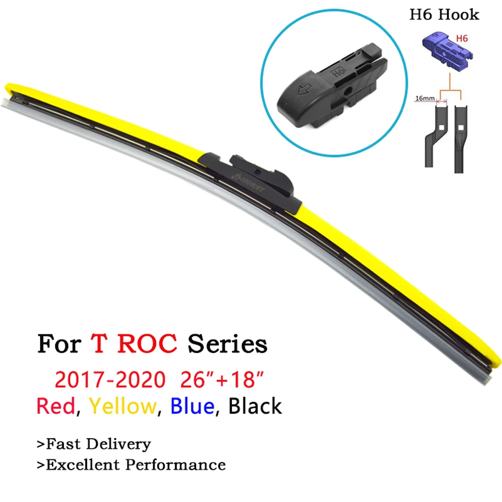 

Newest Frameless Color Wiper Blades For VW Volkswagen T ROC 2019 Accessories Yellow Blue Red Boneless Wipers 18" 26" Fit H6 Hook