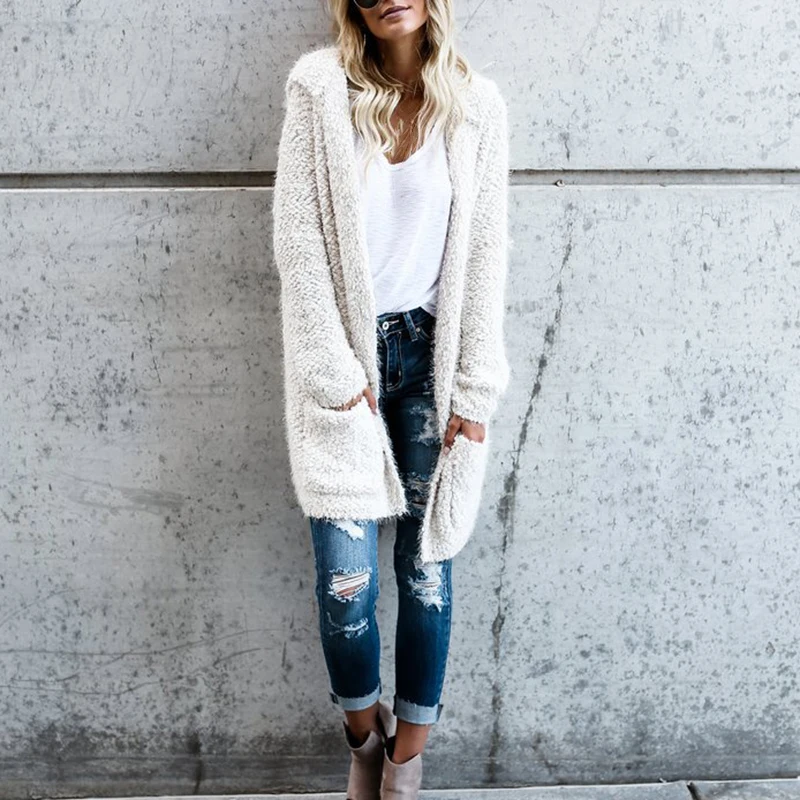 

Casual Fleece Long Cardigan Coat Autumn Winter Female Loose Long Sleeve Pocket Outwear 2019 Solid Sweater