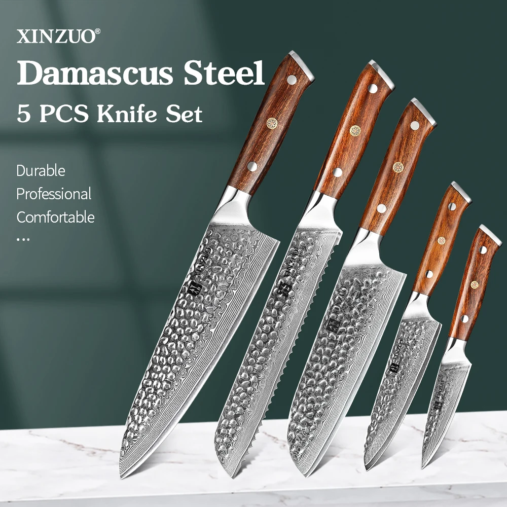 

XINZUO 5PCS Kitchen Knives Sets Janpanse Damascus Steel 3.5''Paring 5'' Utility 7'' Santoku 8''Bread 8.2''Chef Cooking Tools