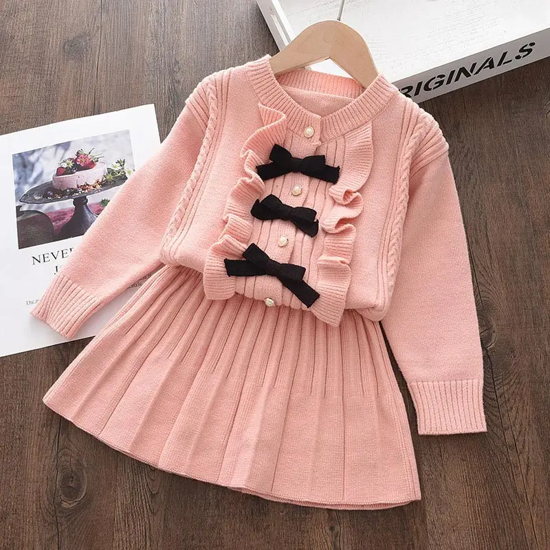 Melario Autumn Winter Fashion Girls Bow Knitted Thick Clothes Sets Kids Warm Long Sleeve Sweater Pants 2pcs Set Baby Girl Outfit