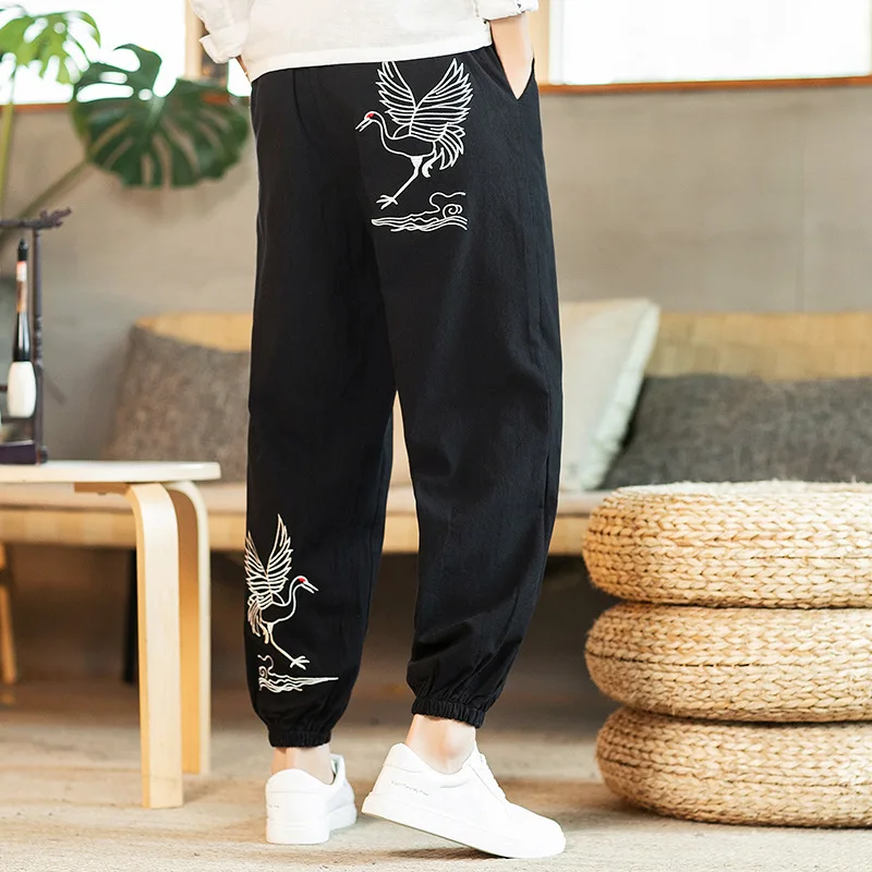 

Plus Size 5xl 2020 Summer Chinese Style Linen Casual Pants Men Elastic Waist Crane Embroidery Retro Loose Harem Pants Streetwear