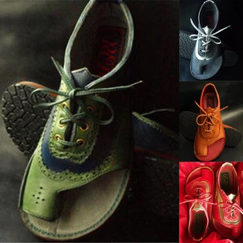 

2020 Vintage Summer Sandals Shoes Women Peep Toe Casual Lace Up Hallow Out Neutral Flat Summer Sandals Shoes New