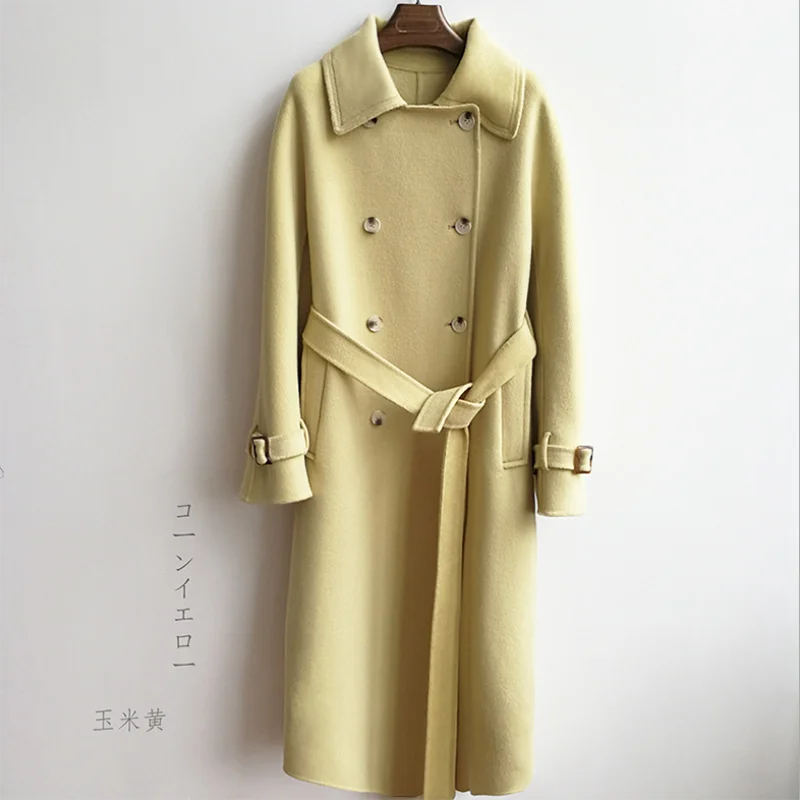Corn yellow Осень Зима Новое кашемировое пальто женское корейское двухстороннее сшитое вручную длинное шерстяное пальто Высококачественная ветровка Женское пальто - Цвет: Corn yellow