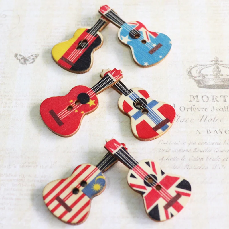 Mixed 100 PCS Guitar Flag Wooden Button for Scrapbooking crafts 2 Hole Sewing Natural Wood Buttons DIY Clothes Accessories