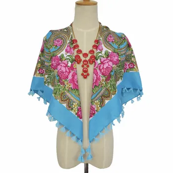 

90*90cm Russian Brand National Scarf Women Retro Floral Pattern Shawls Russian Square Scarves Muslim Headscarf Hijab Wraps