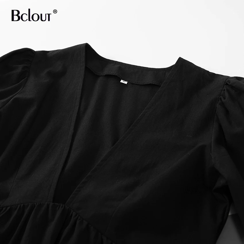 Bclout Casual Mini Fit and Flare Dress Women Puff Sleeve V Neck Black Party Dresses White Buttons Long Sleeve Autumn Vestido