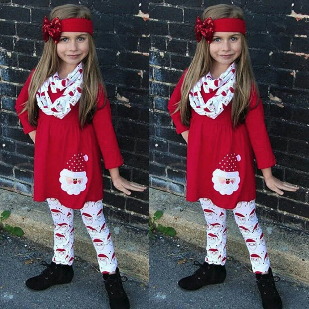 Детский Рождественский комплект одежды из 3 предметов для девочек платье с Санта-Клаусом+ штаны+ повязка на голову, осенняя Рождественская одежда для маленьких девочек, комплекты одежды