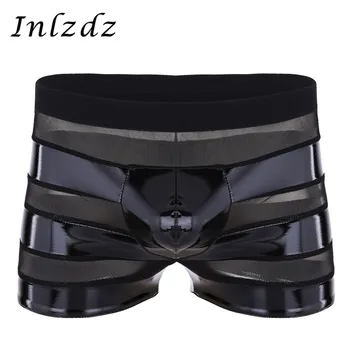 

Mens Sissy Underwear Wetlook Leather Boxer Shorts Mesh Patchwork Stripe Low Rise Hot Sexy Exotic Underwear Male Lingerie Panties