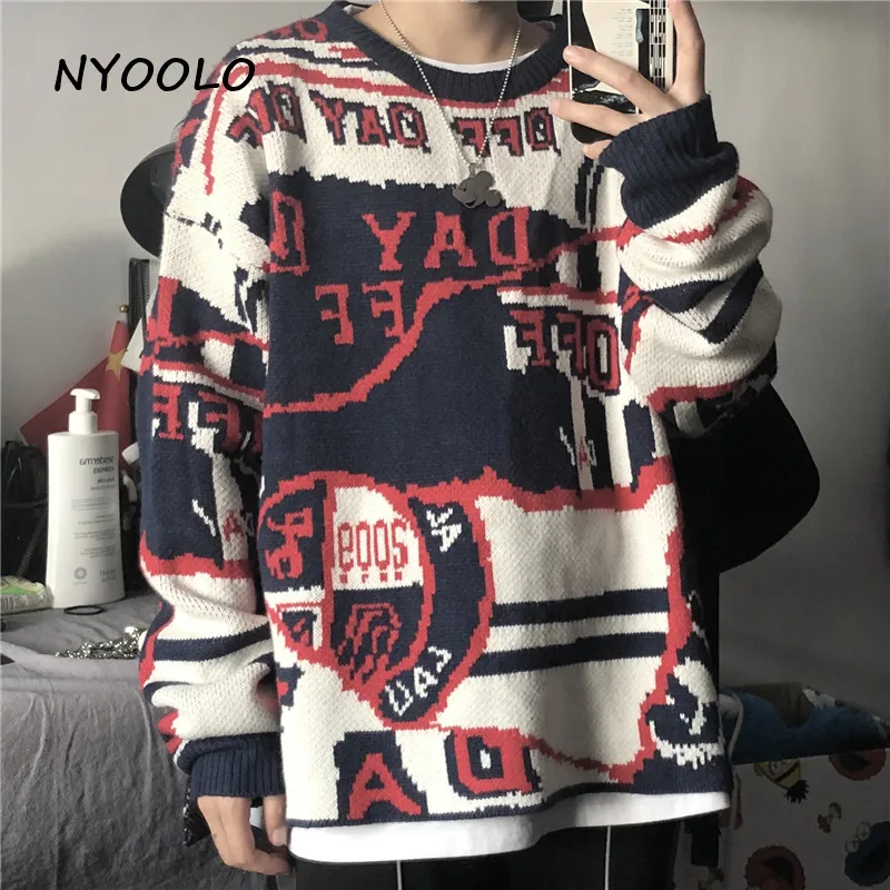NYOOLO Harajuku, винтажные уличные рождественские вязаные свитера в стиле пэчворк, Осень-зима, пуловер с длинным рукавом и круглым вырезом, свитер для женщин и мужчин