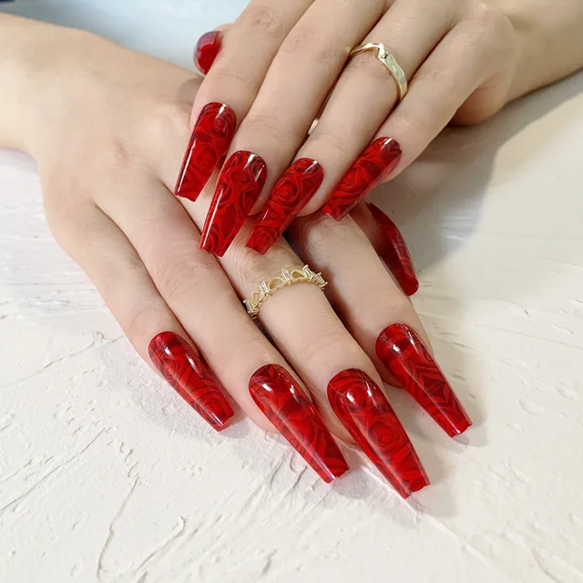 Professional Butterfly Fake Nails Red Flower Overhead With Glue Coffin Artificial Nails Tips White Cloud Design False Nails False Nails Aliexpress
