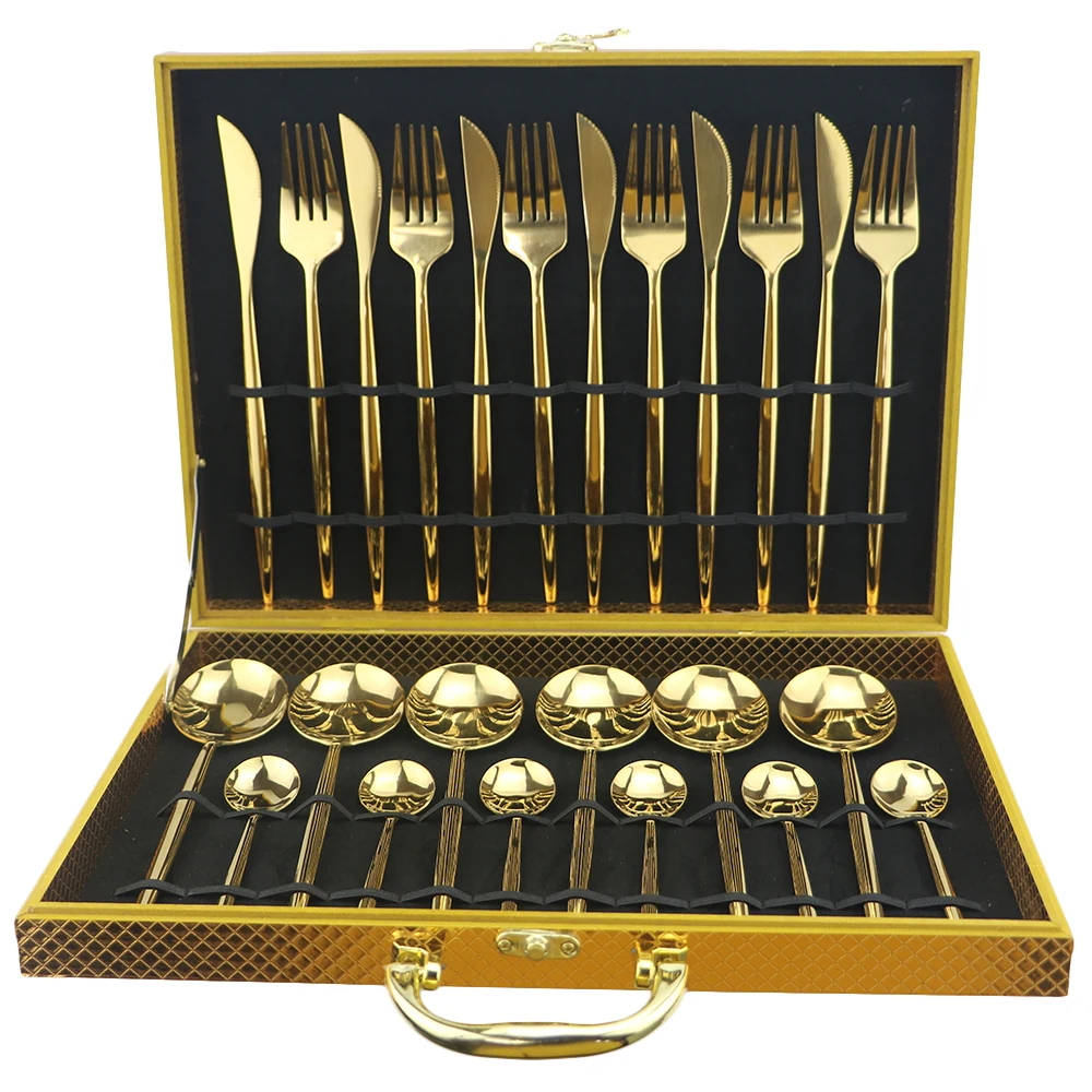 

24pcs Luxury Gold Cutlery Set Fork Knife Spoon Dinnerware Set 304 Stainless Steel Flatware Set Kitchen Tableware With Gift Box