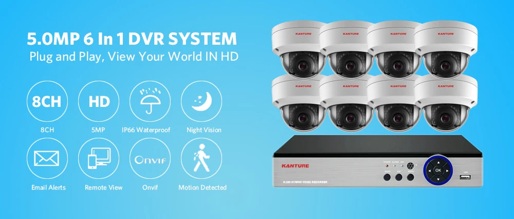 KANTURE h.265+ 8CH 5MP система видеонаблюдения 5MP камера безопасности Система IP66 Антивандальная Крытая уличная камера система ночного видения