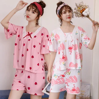 

2020 Summer Short Sleeve Pajamas Sets for Women Shorts Thin Print Sleepwear Suit Femme Pyjama Homewear Pijama Mujer Home Clothes