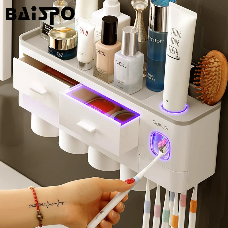 BAISPO магнитный держатель для зубных щеток с адсорбцией, автоматический диспенсер для зубной пасты, пластиковые настенные крепления, стеллаж для хранения, аксессуары для ванной комнаты