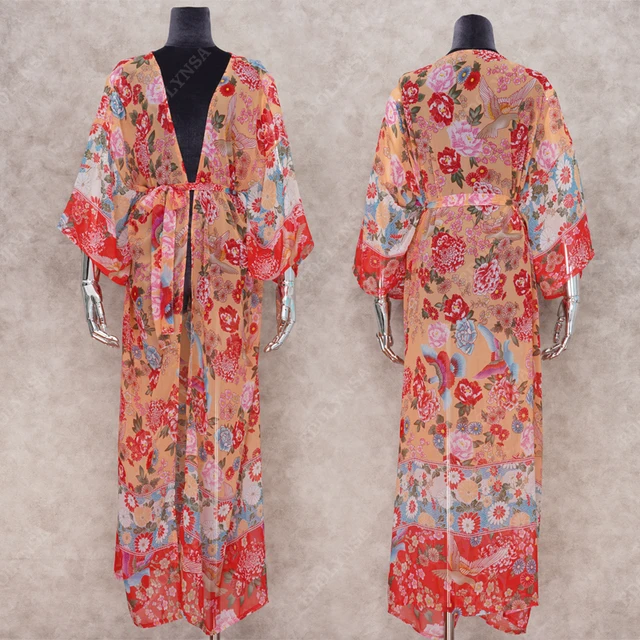 2021 Bohemian Printed Summer Beach Wrap Dress Women Beachwear Cotton Tunic Chinese Style Sexy Front Open Kimono Dress Pareo N751 5