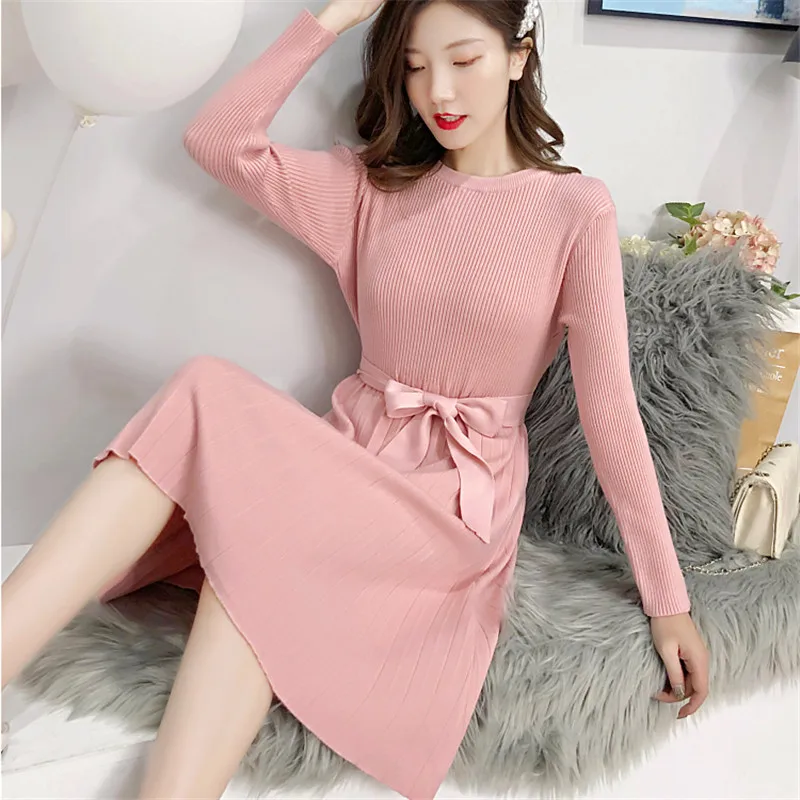 Korean Knitted Dress Women Sweater Dresses Woman Stretch Sweaters Pleated Elegant Belt Midi | Женская одежда