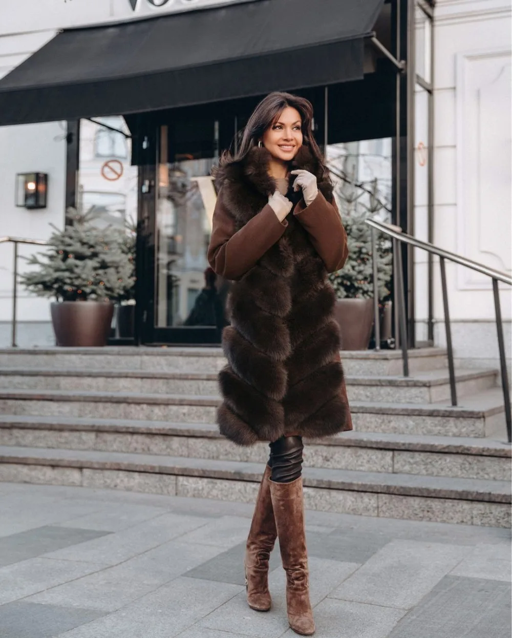Новая модная шерстяная кофейная куртка с натуральным лисьим мехом, длинное пальто, Меховая куртка, натуральная кожа, женские пальто, роскошная зимняя