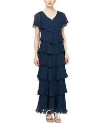 Sheath / Column Mother of the Bride Dress Plus Size V Neck Ankle Length Chiffon Short Sleeve with Tier 2021