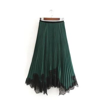 

Women basic solid pleated midi skirt elastic waist office lady wear lace patchwork female casual chic irregular skirts