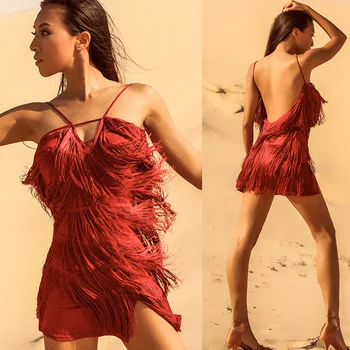 

Latin Dance Dress Red Tassel Sexy Backless Practice Dresses Tango Salsa Cha Cha Samba Rumba Adults Performance Wear DNV11856