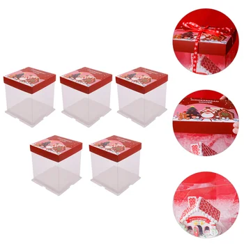 

5Pcs Christmas Cake Box Cartoon Packing Box Transparent Storage Box Baking Box